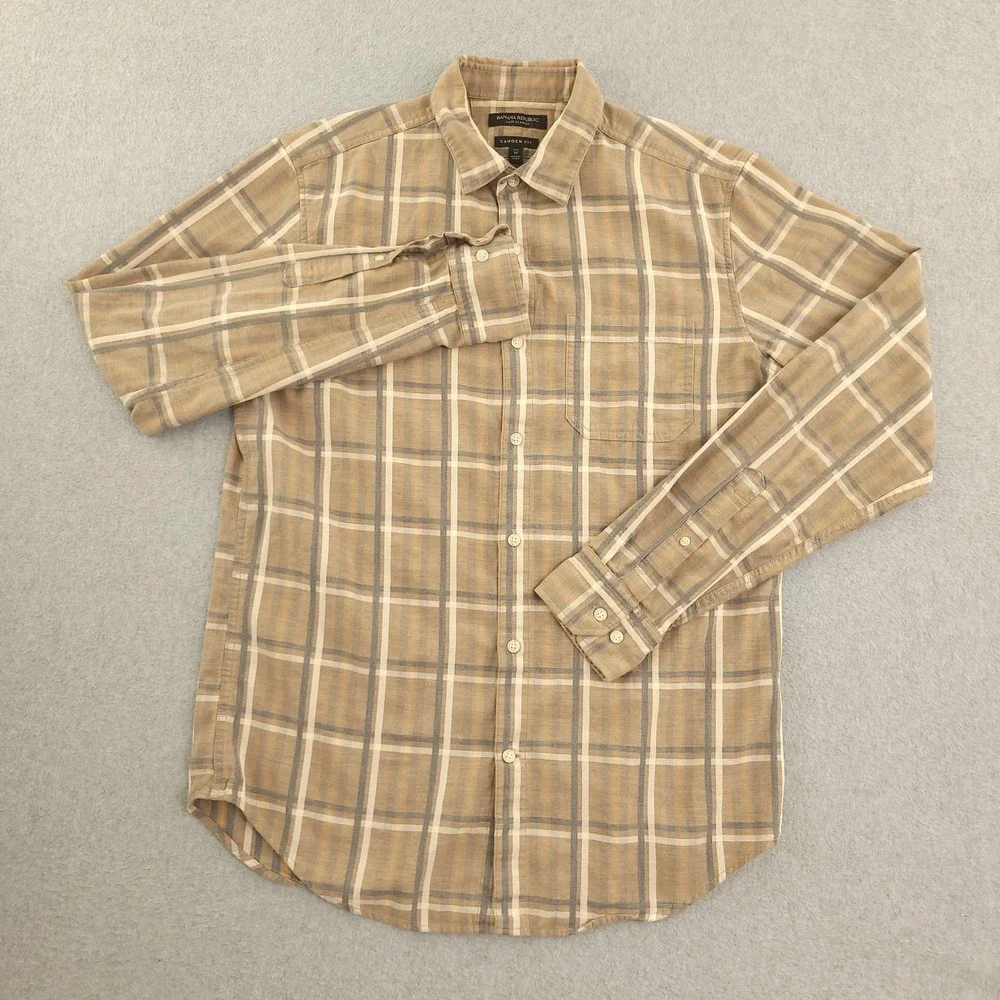 Banana Republic Luxe Flannel Mens MT Beige Plaid Long Sleeve Flannel Button Up